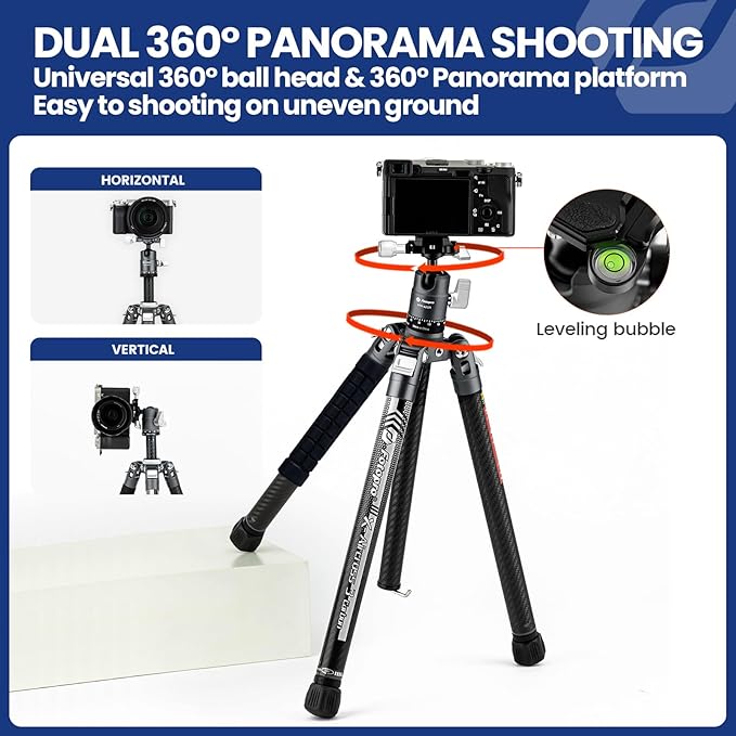 Fotopro Carbon Fiber Tripod for Camera 2lbs Ultralight 62 Inch Travel Camera Tripod Max Loads Up 22lbs X-Aircross 3 Grey