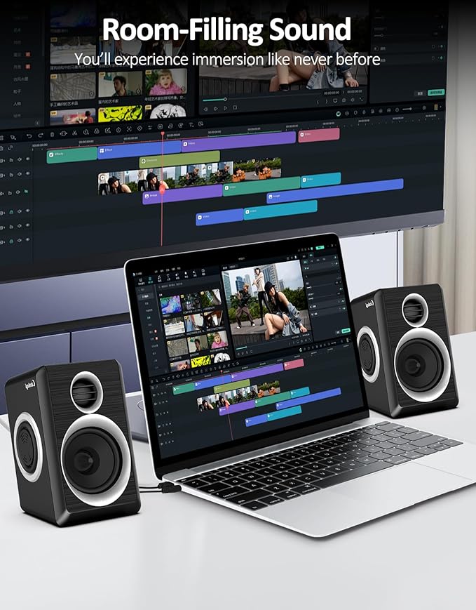 2.0 Computer Speakers, PC Speakers 3.5mm Aux Input, USB-Powered Small PC Speakers with Deep Bass, Suitable for Desktop Computers/Laptops Built in 4 Speaker Diaphragms