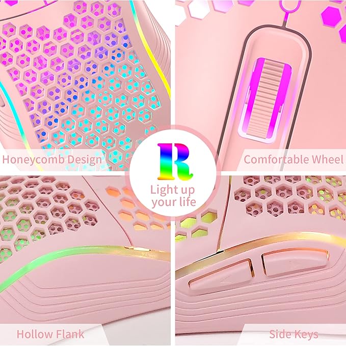 Honeycomb Wired Gaming Mouse with RGB On/Off Switch, 7200 Adjustable DPI, Ergonomic Lightweight Design & High Precision Sensor for PC/Mac Gamers (Pink)