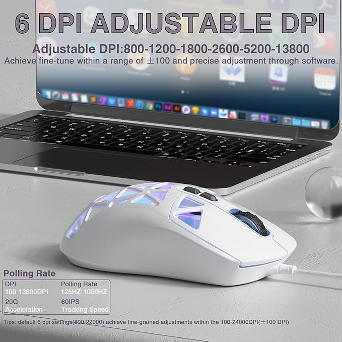 SM901 Gaming Mouse,13800DPI RGB Mouse with Programmable Buttons,53g Lightweight Wired Mouses for Gamer,White