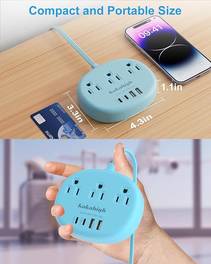 Blue Extension Cord with Surge Protected 1080J - 5 FT Flat Extension Cord, 1625W Cute Extension Cord with 3 AC Outlet 4 USB (24W/4.8A), Compact for Cute Blue Kawaii Desk Accessories