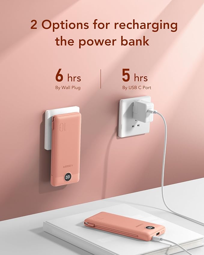 VEGER Portable Charger for iPhone Built in Cables and Wall Plug, 10000mah Slim Fast Charging USB C Power Bank, Travel Essential Battery Pack Compatible with iPhones, iPad, Samsung More Devices(Pink)