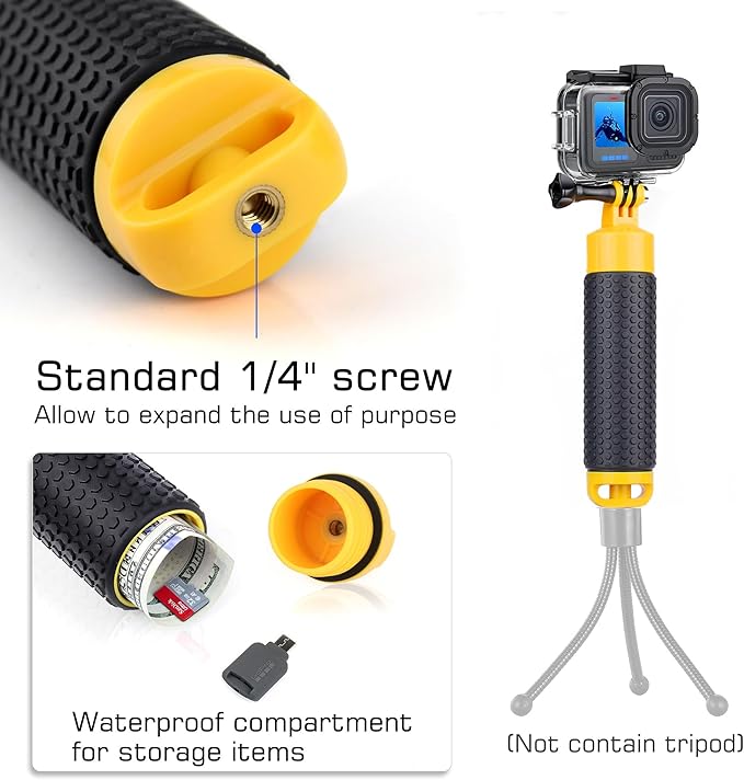 60M/196FT Waterproof Case for GoPro Hero 13 12 11 10 9 Black, Floating Handle Grip Pole Stick Monopod Underwater Accessories Protective Case Dive Shell