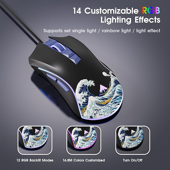 XVX Wired Gaming Mouse, 12000 DPI RGB Mouse with 12 Backlit Modes & 7 Macro Buttons, PC Gaming Mice Support DIY Keybinding, Gamer Computer Mice for Laptop PC Mac Windows, Kanagawa