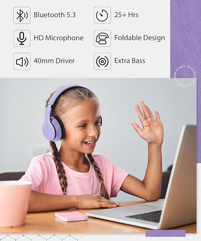 rockpapa E7 Over Ear Wireless Bluetooth Headphones with Mic Without Travel Case, Foldable Wired/Wireless Headphones with Microphone for Kids Childrens Boys Girls Teen Youth Adult Purple Black