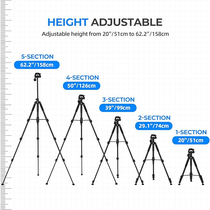 Ambitful 62" Professional Camera Tripod, Black - Removable Horizontal Mount for DSLR/Phone/Camcorder/Spotting Scopes, Tall Video Recording