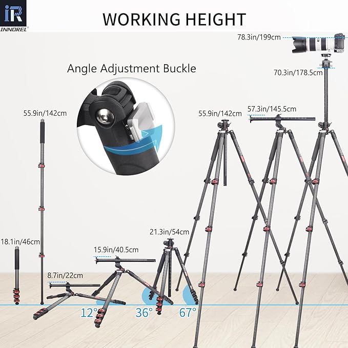 Carbon Fiber Horizontal Tripod INNOREL YT284C with Rotatable Multi-Angle Center Column,29mm Tube Professional Travel Camera Tripod Monopod for Digital DSLR Video Camcorder Overhead Shooting Load 20kg