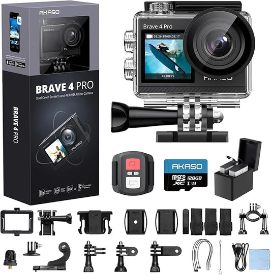 AKASO Brave 4 Pro 4K30 Action Camera with 128GB MicroSD U3 Card, 131FT Underwater Waterproof Camera EIS Touch Screen Remote Control with 2x1350mAh Batteries and Helmet Accessories Kit Bundle