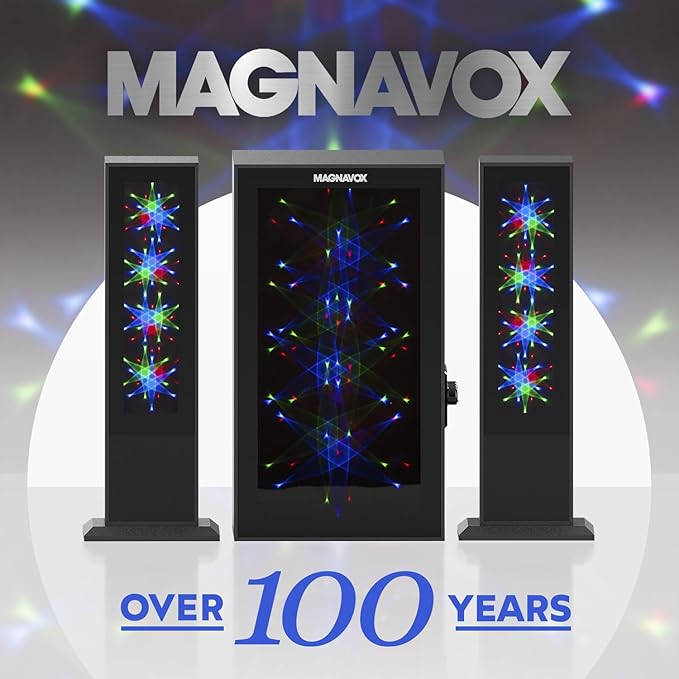 Magnavox MHT990 2.1 Home Entertainment System with Bluetooth Wireless Technology and Color Changing Lights in Black | AUX Port | Subwoofer with 2 Speakers | Pulsing Lights |