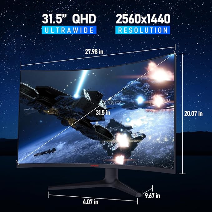 KOORUI 32 inch Curved Gaming Monitor - QHD (2560 x 1440) 2K Display, 170Hz 144Hz Monitor, 1500R Curvature, 1ms, HDR10, Adaptive Sync, Tilt Adjustable, DisplayPort HDMI, Black - 32E6QC