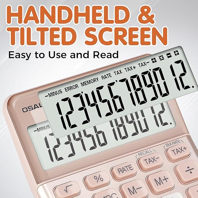 Pendancy Office Small Calculator Desktop with Tax+/- for Tax Calculation, 12 Digit Large LCD Display, Solar Battery Power, Durable Portable Design, Financial Accounting Business Home Use(OS-200T-Pink)