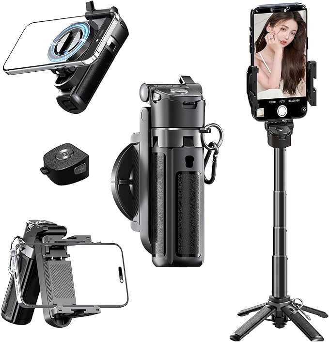 2-in-1 Magnetic Phone Tripod Stand with Zoom, Portable Mini Extendable Selfie Stick with Remote, Lightweight Handheld Cell Phone Tripod for Photos & Videos