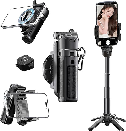 2-in-1 Magnetic Phone Tripod Stand with Zoom, Portable Mini Extendable Selfie Stick with Remote, Lightweight Handheld Cell Phone Tripod for Photos & Videos
