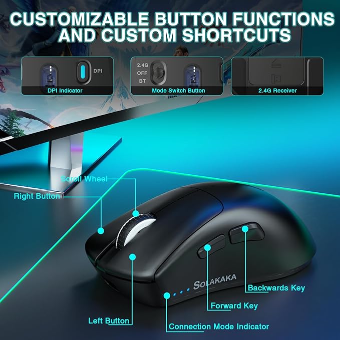 SM805 Lightweight Wireless Gaming Mouse,24000 DPI,Tri-Modes Connection,BT5.0/Type-C Wired/2.4G Wireless Mouse Gaming with 2 Side Buttons, Engineering Grip Custom Mouse for Gamer,Black