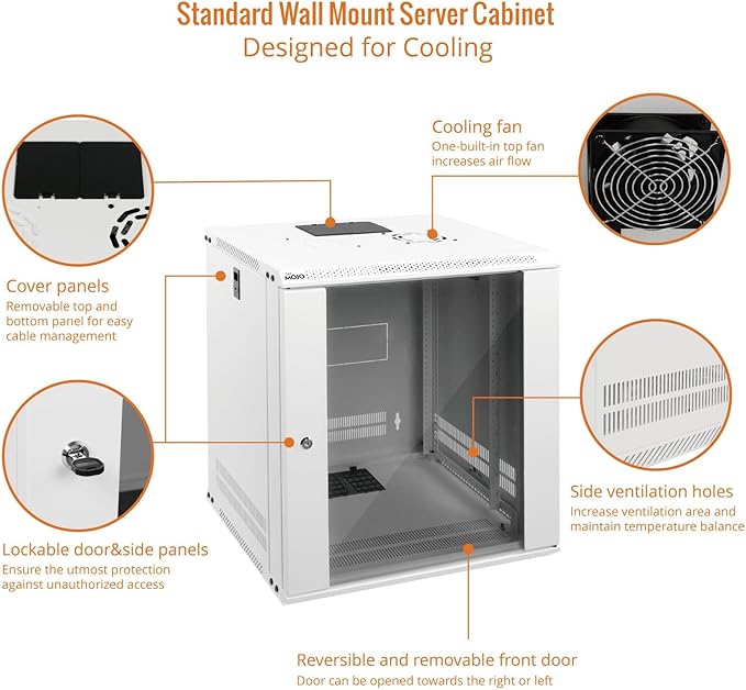 Tecmojo 12U Wall Mount Rack Network Cabinet for 19" IT Equipment,with Lockable Glass Door and Side Panels,Cooling Fan,17.7inch Depth,White