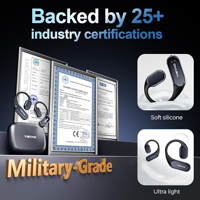 True Bone Conduction Headphones, Open Ear Earbuds with Ear Hooks, Up to 60 Hours Playtime with Charging Case, Bluetooth 5.3, IP68 Waterproof, for Running, Yoga, Gym, Sports