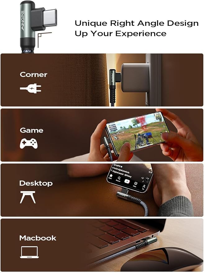 AINOPE USB C Cable 60W 4-Pack 3.3FT+3.3FT+6.6FT+10FT Nylon Braided USB C to USB C Cable Type C Charger Fast Charging Right Angle USBC Cable Charger Cord for iPhone 16 Pro Max 15 Plus Samsung S24 Grey