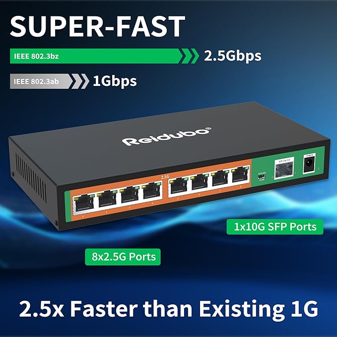 9 Port 2.5GB Switch, 8x2.5G Ports with 10G SFP Uplink, Unmanaged 2.5Gb Ethernet Network Switch, Plug & Play, Desktop/Wall-Mount, Fanless Metal Design