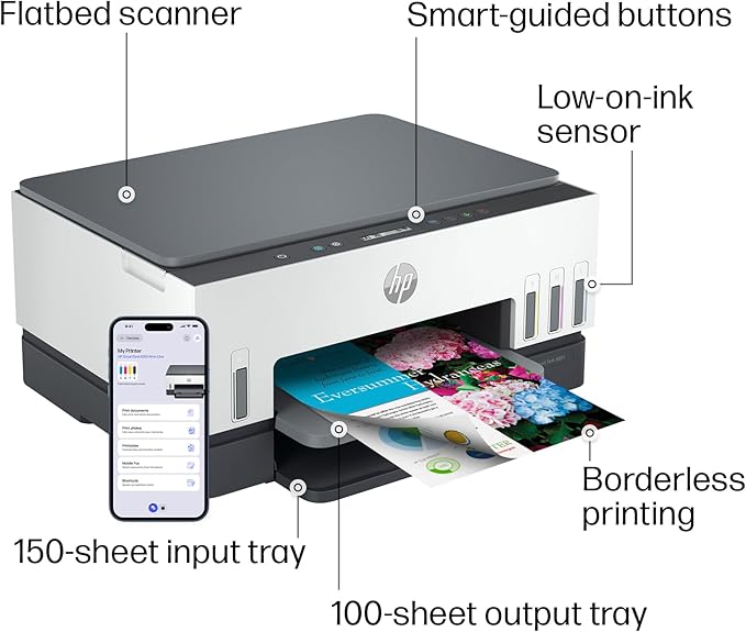 HP Smart Tank 6001 Wireless All-in-One Ink Tank Printer, Scanner, Copier with 2 years of ink included, Best-for-home, Refillable, AI-enabled (2H0B9A)
