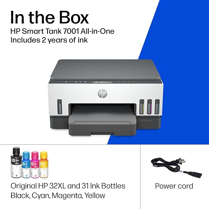 HP Smart Tank 7001 Wireless All-in-One Ink Tank Printer, Scanner, Copier with 2 years of ink included, Best-for-home office, Refillable, AI-enabled (28B49A)
