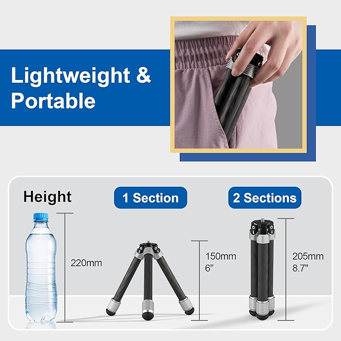 Carbon Fiber Small Tabletop Travel Tripod, Weight 108g/0.23lb, Maxload 5kg/11lb, Lightweight Tripod Stand, 1/4" Inch Screw, for Camera/Phone Holder/Projector/Live Stream Light (MT-02CL)