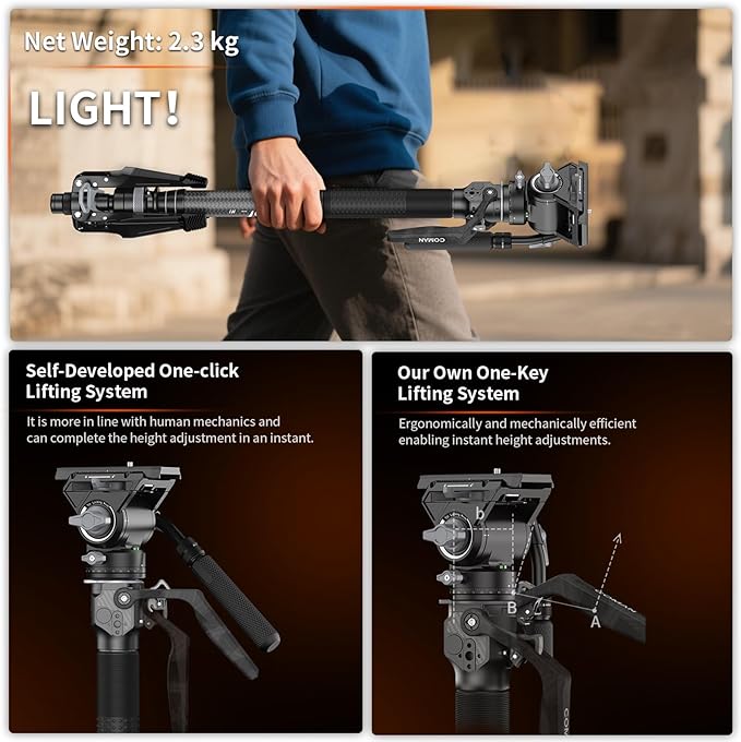 COMAN M1V5 Camera Monopod, One-Click Lifting Monopod with Feet, 67'' Lightweight monopod with V5 Fluid Head Quick Release Plate for Camera, DSLR, Camcorder