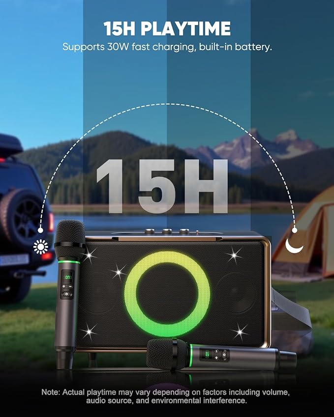 GFEEN Portable Bluetooth Speaker: 200W Peak, Deep Bass, 15H Playtime, Large Party Wireless Speakers, Powerful Loud Sound, Light Show, Fast Charging for Outdoor, Backyard, Home(Gold with 2Mic)