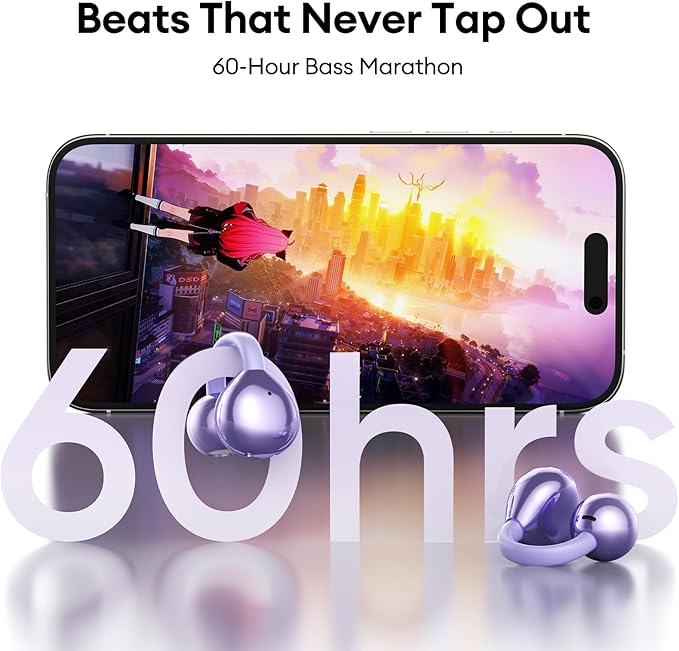 Clip On Earbuds, Open Ear Earbuds Wireless Bluetooth 5.4, Clip On Headphones with LCD Touchscreen, Lightweight Comfort Open Ear Headphones for Sports, Fitness, and Workouts, M100 Purple