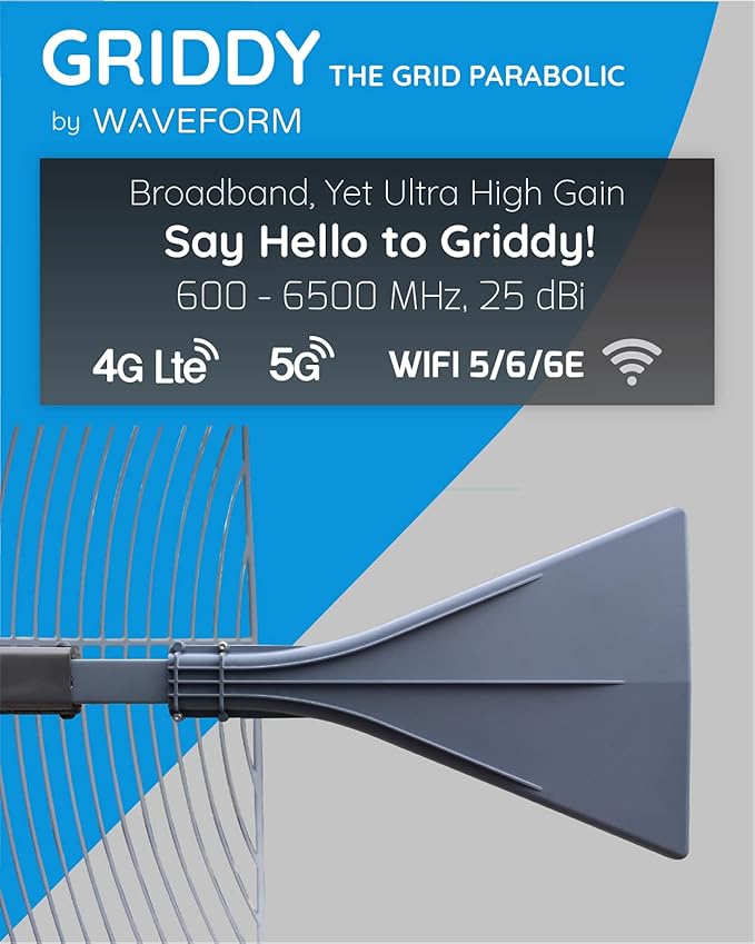 Waveform Griddy: Grid Parabolic Antenna Kit for 4G LTE, 5G NR, and WiFi | 40 km Range | +26 dBi | Works w/Cell Boosters, Modems, Routers, and Gateways | Kit w/ 30 ft RS400 Cable & TS9 & SMA Adapters