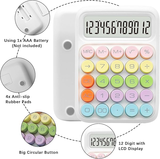 Standard Calculator - Colorful White with 12 Digit Display and Big Buttons, Cute Office and School Accessory