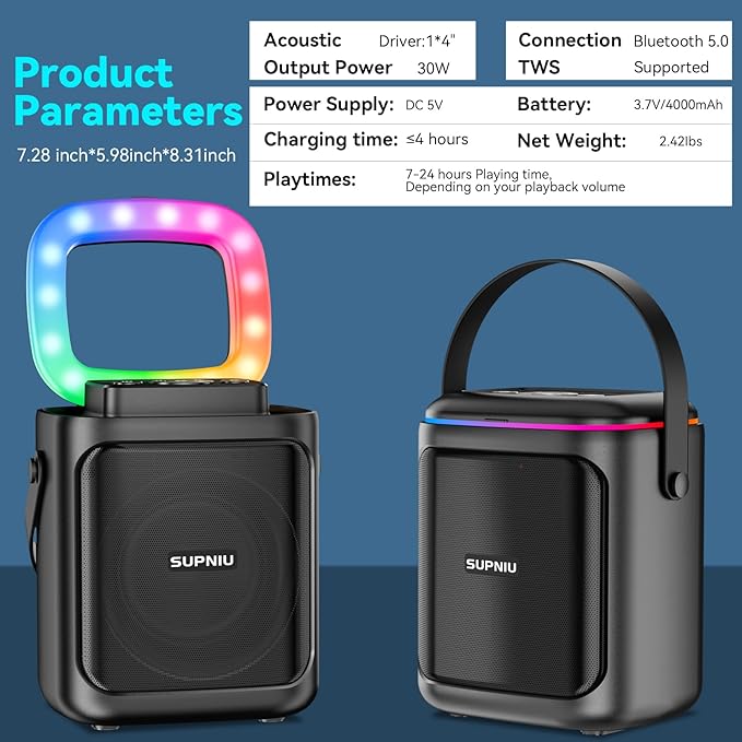 30W Portable Bluetooth Speaker Wireless with Loud Crystal Clear Stereo Sound - TWS Pairing & 24H Playtime with Led Lights | Small Party Speakers for Indoor/Outdoor, Travel, Gathering (1pcs)