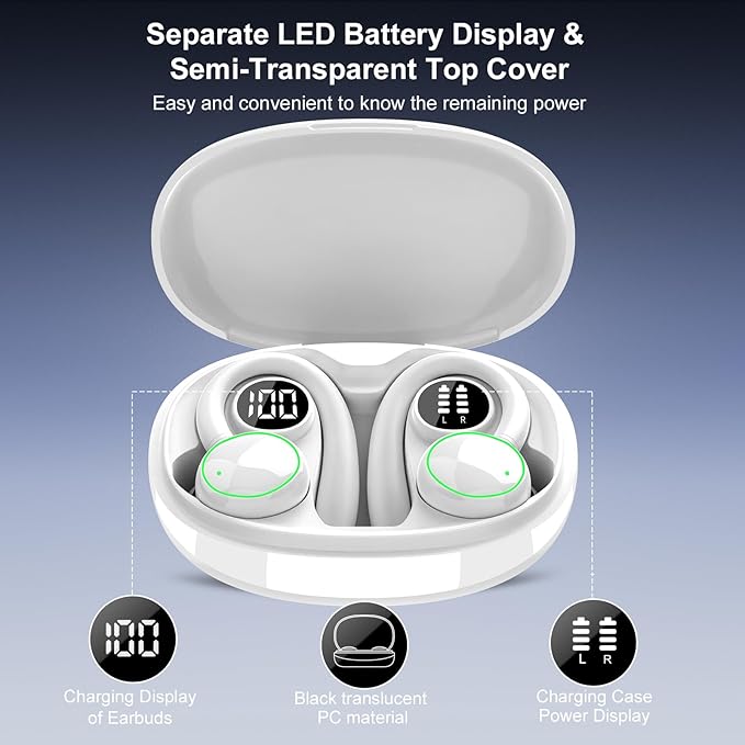 Wireless Earbuds, Bluetooth 5.3 Headphones Sport, Over Ear Buds With ENC Noise Cancelling Mic, 48H, Wireless Earphone With Earhooks, Stereo Deep Bass, IP7 Waterproof Headset for Workout Running, White