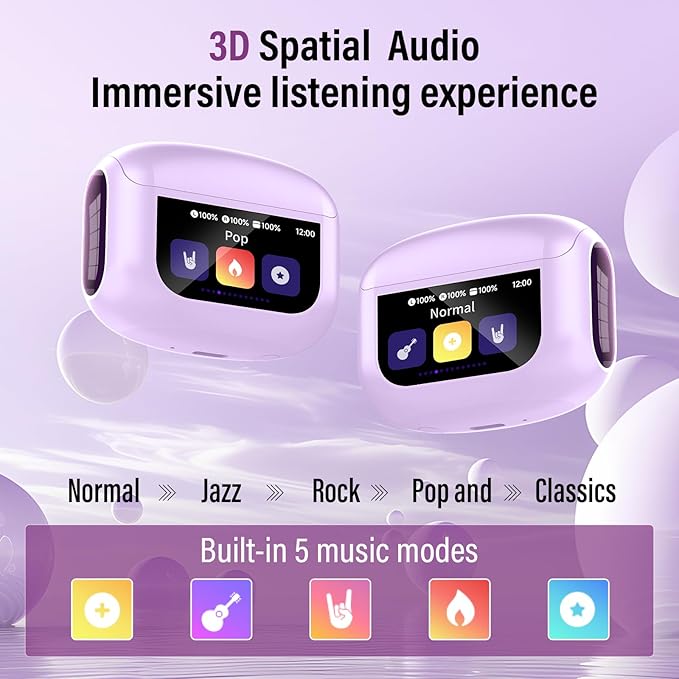 Wireless Earbuds, Bluetooth 5.4 Ear Buds with Multifunctional Touch Screen, 48H Bass Stereo Headphones with ANC/ENC Noise Cancelling/Transparency Mode, IPX7 Earphones with 5 EQ Modes, Purple