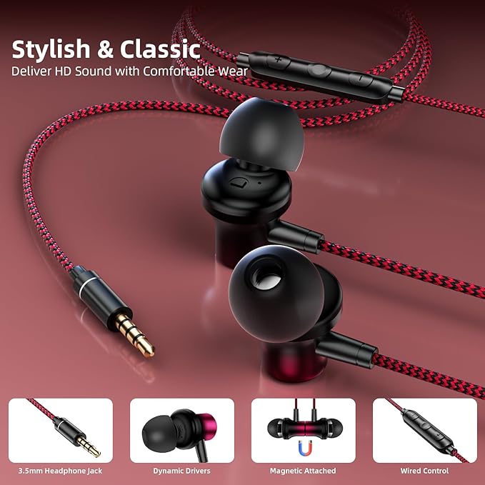 Jiunai Wired Earbuds Mic 3.5 mm Jack in Ear Wired Earphone Magnetic Snap Noise Isolated Corded Ear Bud for iPhone Galaxy A15 A25 iPad Surface Fire CD Player Radio Travel Essential Gradient Black Red