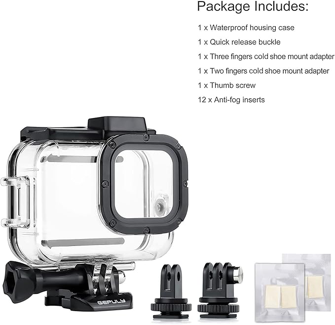 Waterproof Housing Case for GoPro Hero 8 Black - 60M(196ft) Protective Underwater Diving Shell Mount with 2 Cold Shoe Adapters Bracket Accessories Action Camera