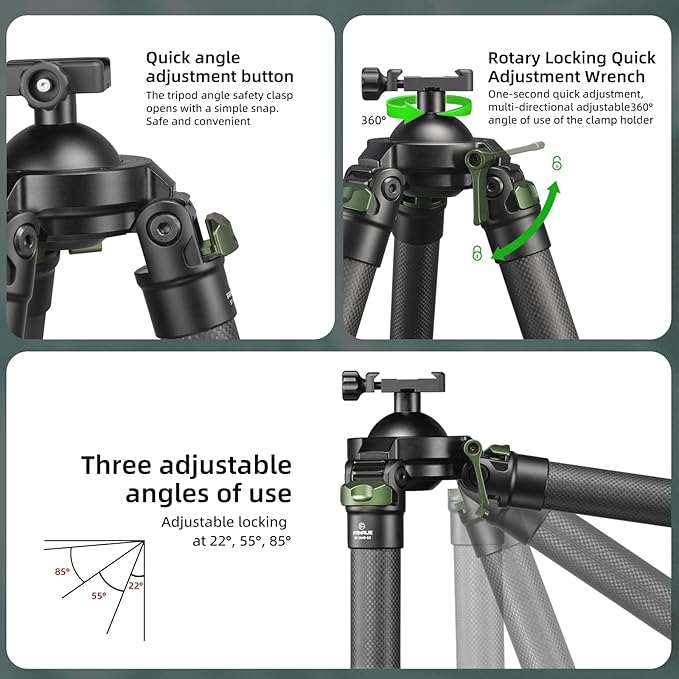 FANAUE Carbon Fiber Tripod 360 Degree Ball Head, Quick-Release Arca-Swiss Mount System, Adjustable Legs, Shooting Rest, and Hands-Free Operation for Hunting, Shooting, and Outdoors
