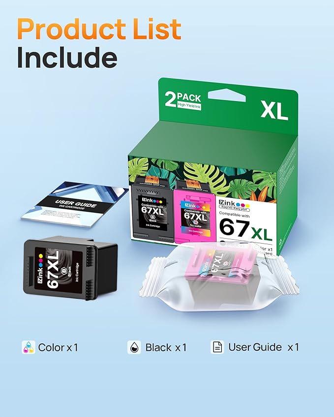 67XL Ink Cartridges Black/Color Combo Pack Remanufactured for HP Ink 67 67XL to Use with HP Deskjet 2855e 2800e 2755e 2827e 2700e 2700 2852e 4255e 2734e 4100 4000 Envy 6000 6055e Printer (2-Pack)