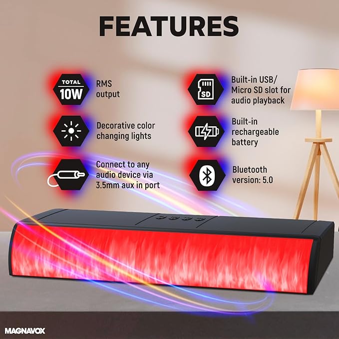 Magnavox MMA4020 Portable Speaker Soundbar with Bluetooth 5.0, Patented Vibrant LED Light Display, True 16 Watts RMS Sound, USB, TFT Playback, Great for Gaming, Stereo (Medium)