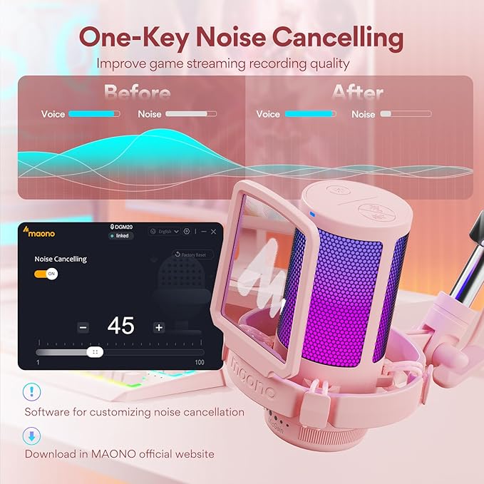MAONO Gaming USB Microphone with Noise Cancellation, Streaming mic for PC Computer MAC PS4 PS5, All-in-One Kit with Mute, Monitor for Recording, Podcast, Twitch, YouTube, Discord, DGM20S Pink