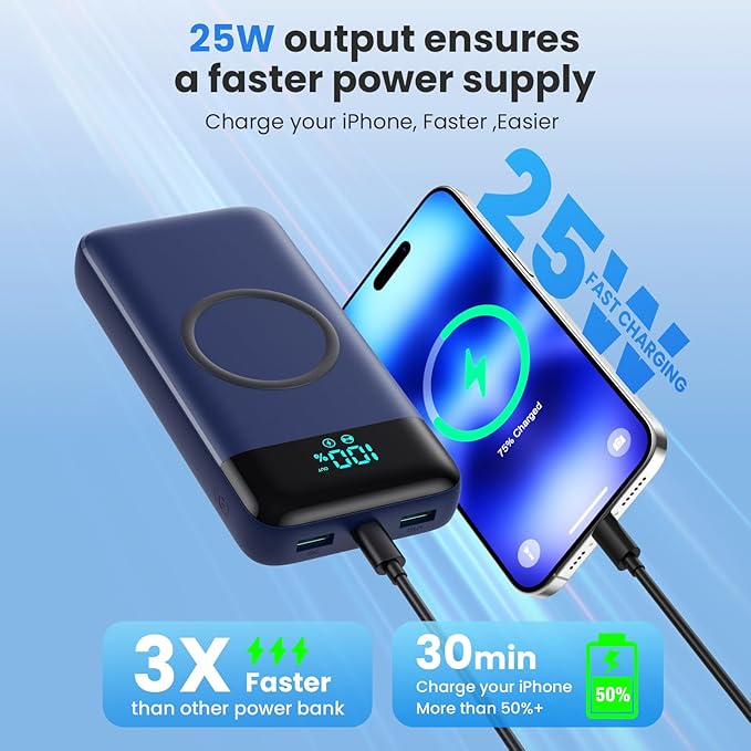 Wireless Portable Charger 40800mAh for iPhone with 3 Built-in Cables,7-in-1 15W Wireless Charging USB C Power Bank,LCD Display 25W PD QC 4.0 Fast Charging Battery Pack for iPhone 16/15/14 -Dark Blue