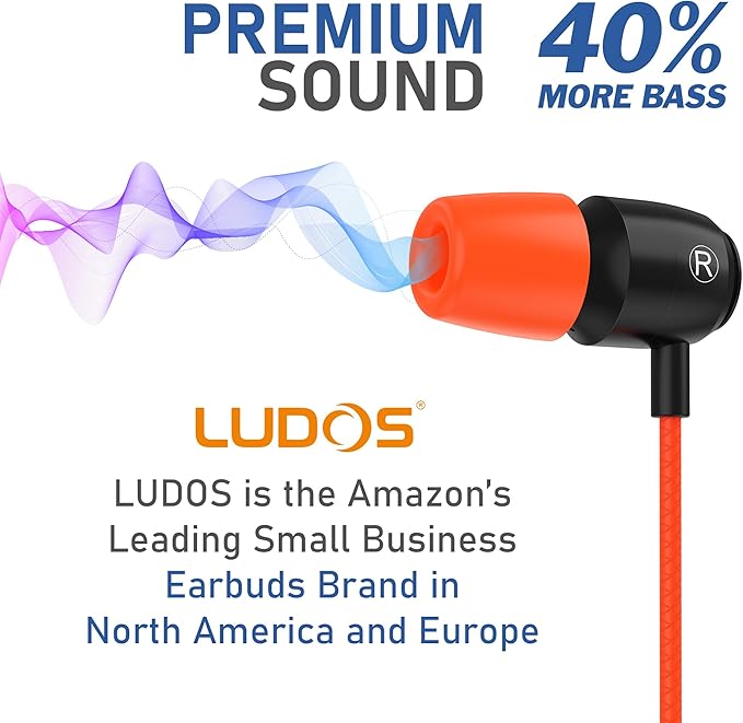 LUDOS Clamor Wired Earbuds in-Ear Headphones, 5 Years Warranty, Earphones with Microphone, Noise Isolating Ear Buds, Memory Foam for iPhone, Samsung, School Students, Kids, Women, Small Ears - Coral