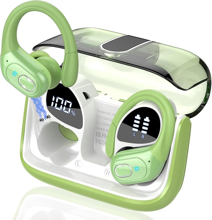 Wireless Earbuds 75hrs Bluetooth 5.4 Headphone Sport, 2025 Bluetooth Earbuds Stereo Deep Bass Over Ear Bud with Earhooks, ENC Noise Cancelling Mic, IPX7 Waterproof Earphone, Green