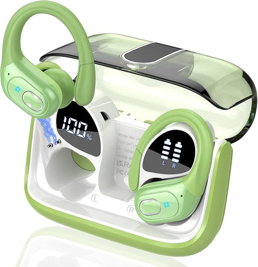 Wireless Earbuds 75hrs Bluetooth 5.4 Headphone Sport, 2025 Bluetooth Earbuds Stereo Deep Bass Over Ear Bud with Earhooks, ENC Noise Cancelling Mic, IPX7 Waterproof Earphone, Green