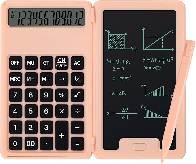 Desk Portable Basic Calculator with Notepad and Stylus, 12 Digit Large Display Multi-Function for Office, School, Home & Basic Financial (Pink)