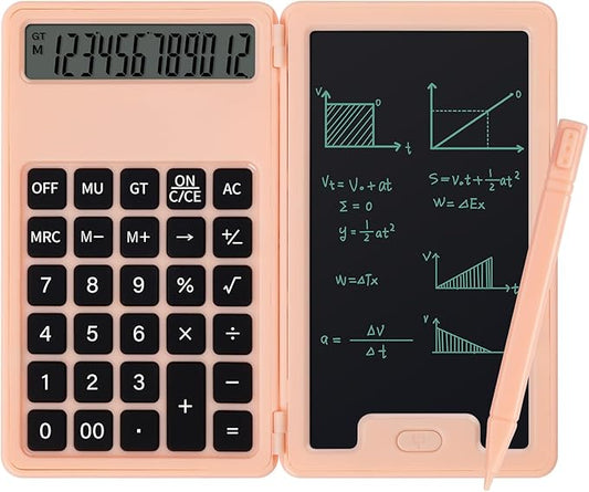 Desk Portable Basic Calculator with Notepad and Stylus, 12 Digit Large Display Multi-Function for Office, School, Home & Basic Financial (Pink)