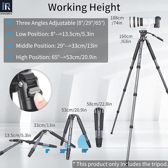 INNOREL NT404C Carbon Fiber Tripod Professional Birdwatching Heavy Duty Camera 66lb/30kg Max Load 40mm Max Tube Diameter Bowl Tripod Birdwatching Camera Stand with 75mm Universal Bowl Adapter