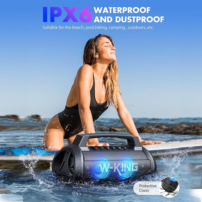 W-KING Portable Speakers Bluetooth Wireless, 120W Max Loudest Bluetooth Speaker, IPX6 Waterproof Outdoor Speaker with 70W Deep Bass/2*Subwoofer/DSP/EQ/42H/LED/MAC-in/Power Bank, Large Party Boombox