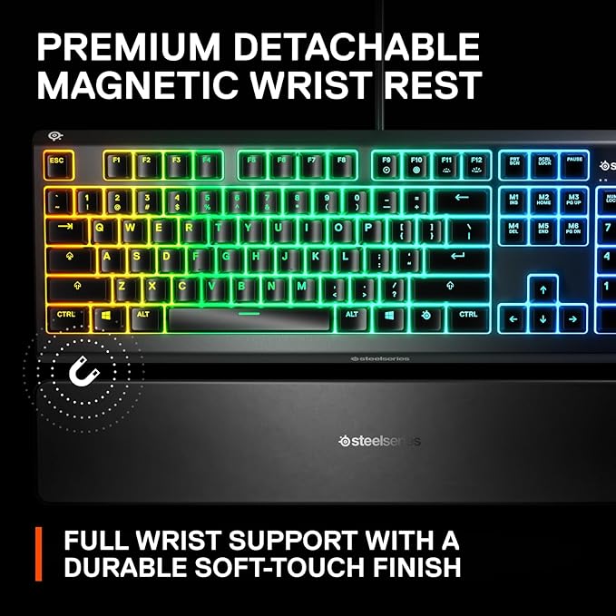 SteelSeries Apex 3 RGB Gaming Keyboard – 10-Zone RGB Illumination – IP32 Water Resistant – Premium Magnetic Wrist Rest (Whisper Quiet Gaming Switch)