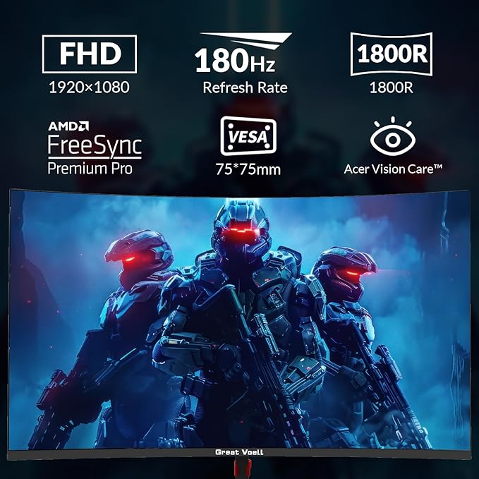 24 Inch Curved Gaming Monitor, 180Hz/144Hz FHD 1080P, 120% sRGB, 1ms, AMD FreeSync, Low Motion Blur, VESA Wall Mount, HDMI 1.4 & DP 1.2 – Black