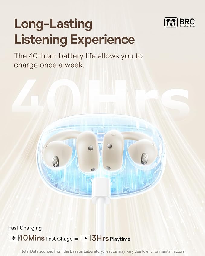 Baseus Bowie MC1 Open Ear Clip-On Earbuds, Adaptive Comfort with Anti-Drop Design, Impactful Sound with Adaptive Bass Boost, Adaptive Noise Cancelling Calls, IP57 Waterproof, 40H Playtime, Lightweight